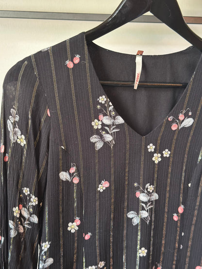 Robe noire fleurie rayée lurex T.36