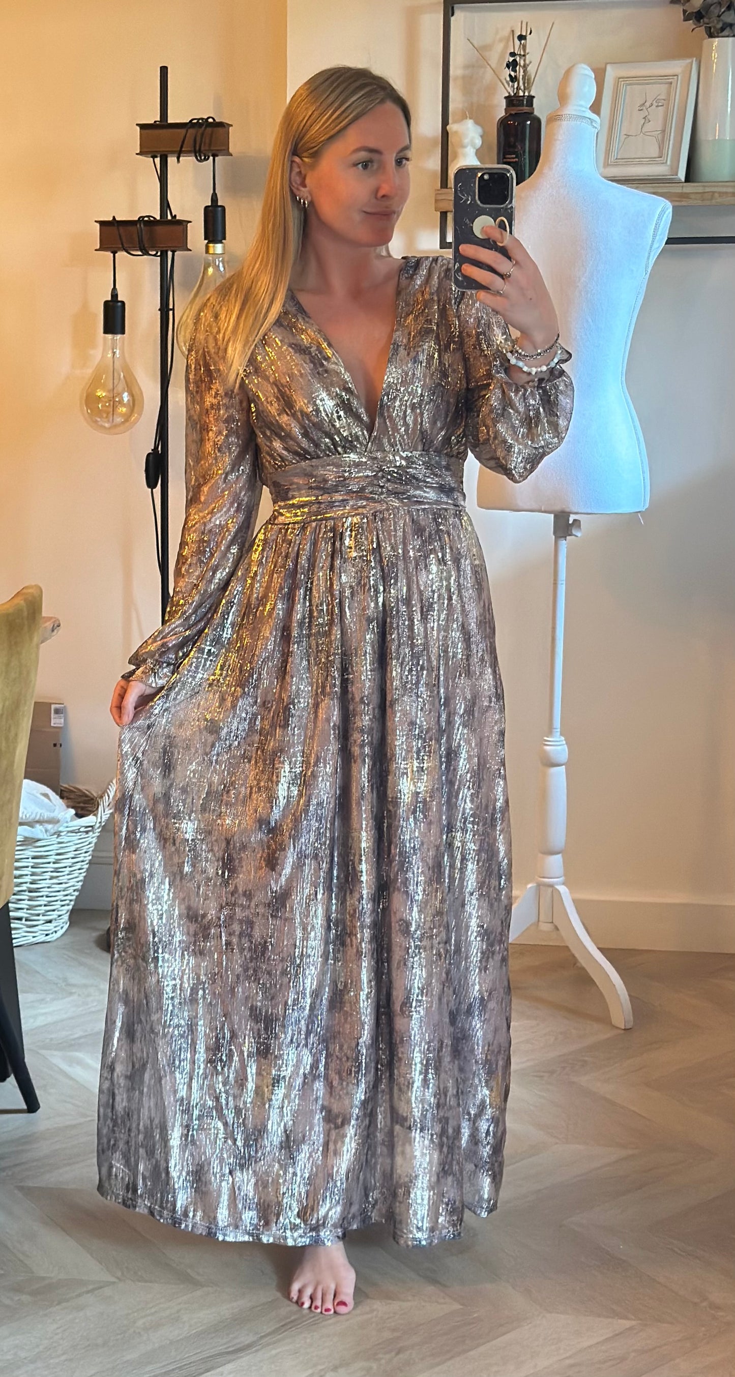 Robe longue irisée beige doré manches voile T.36/38