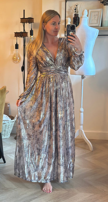 Robe longue irisée beige doré manches voile T.36/38