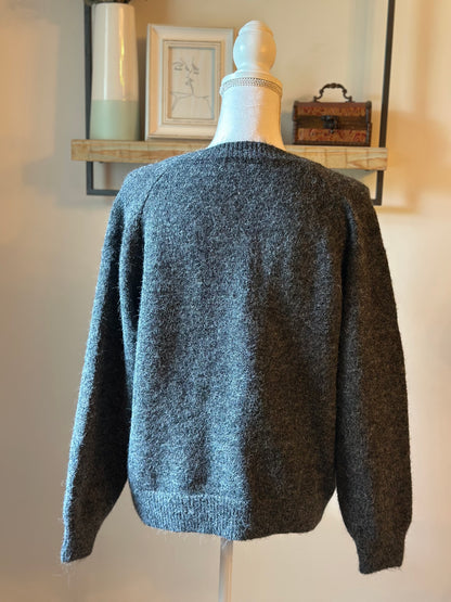 Cardigan gris en maille laine, boutons cœur rouge, T.U