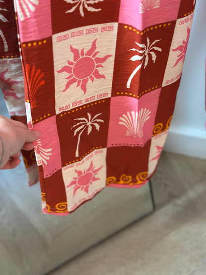 Pantalon d’été jambes larges, imprimé palmiers rose neuf T.U