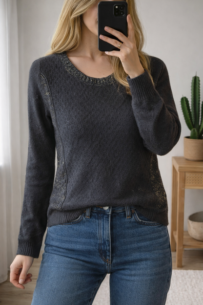 Pull noir maille texturée liseré doré laine et mohair T.36