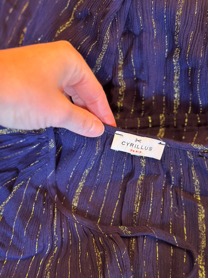 Robe midi fluide marine et lurex doré T.38