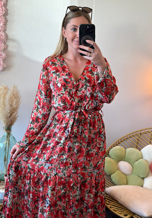 Robe longue motifs fleuris rouge corail T.38