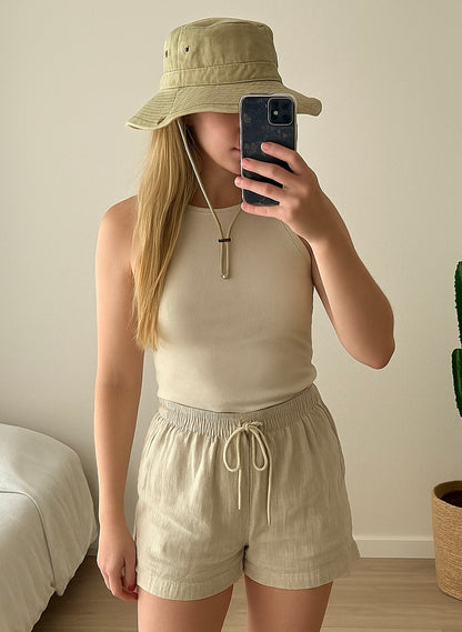 Chapeau unisexe beige kaki effet denim avec cordon neuf