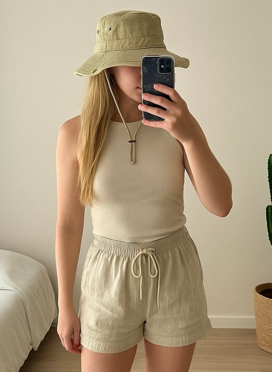 Chapeau unisexe beige kaki effet denim avec cordon neuf