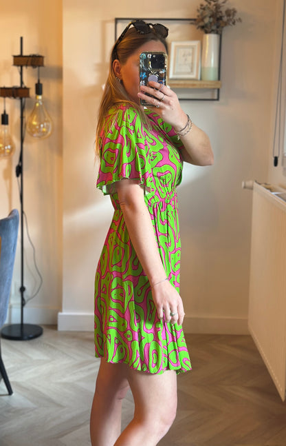 Robe fluide imprimé rose et verte en viscose T.36/38