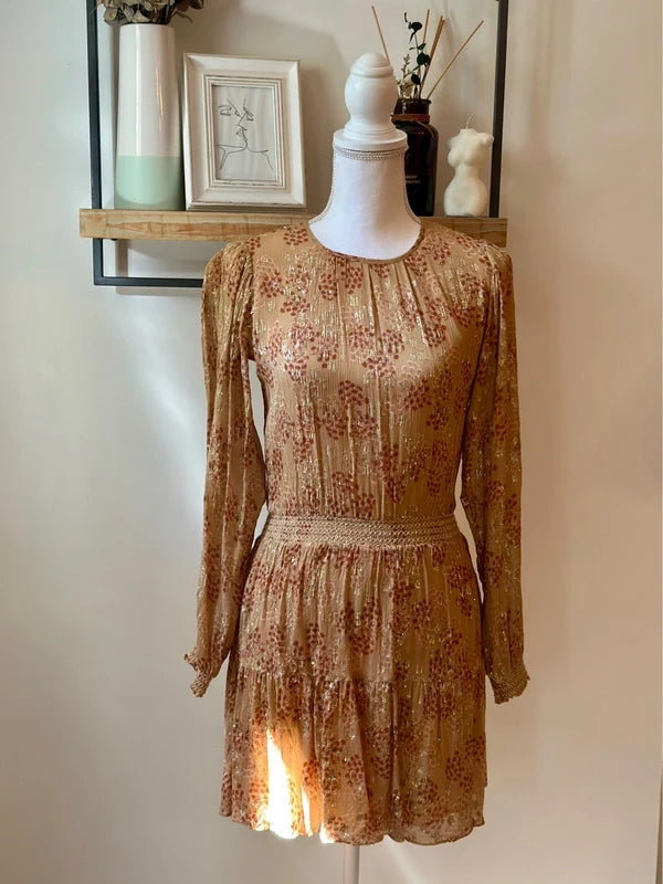 Robe midi imprimé fleuri beige nude et lurex doré taille 34