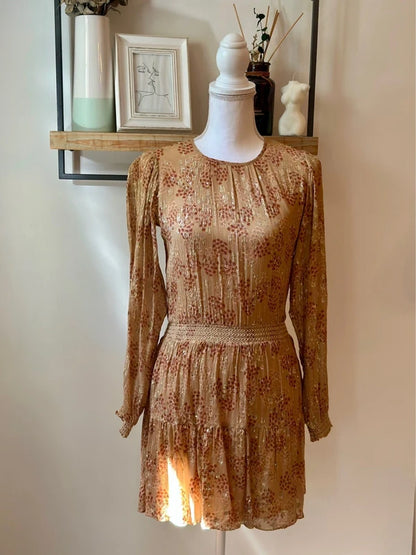 Robe midi imprimé fleuri beige nude et lurex doré taille 34