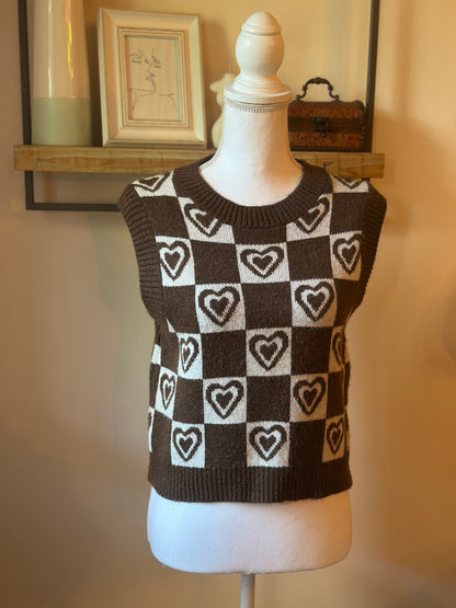 Pull sans manches à carreaux cœur T.36
