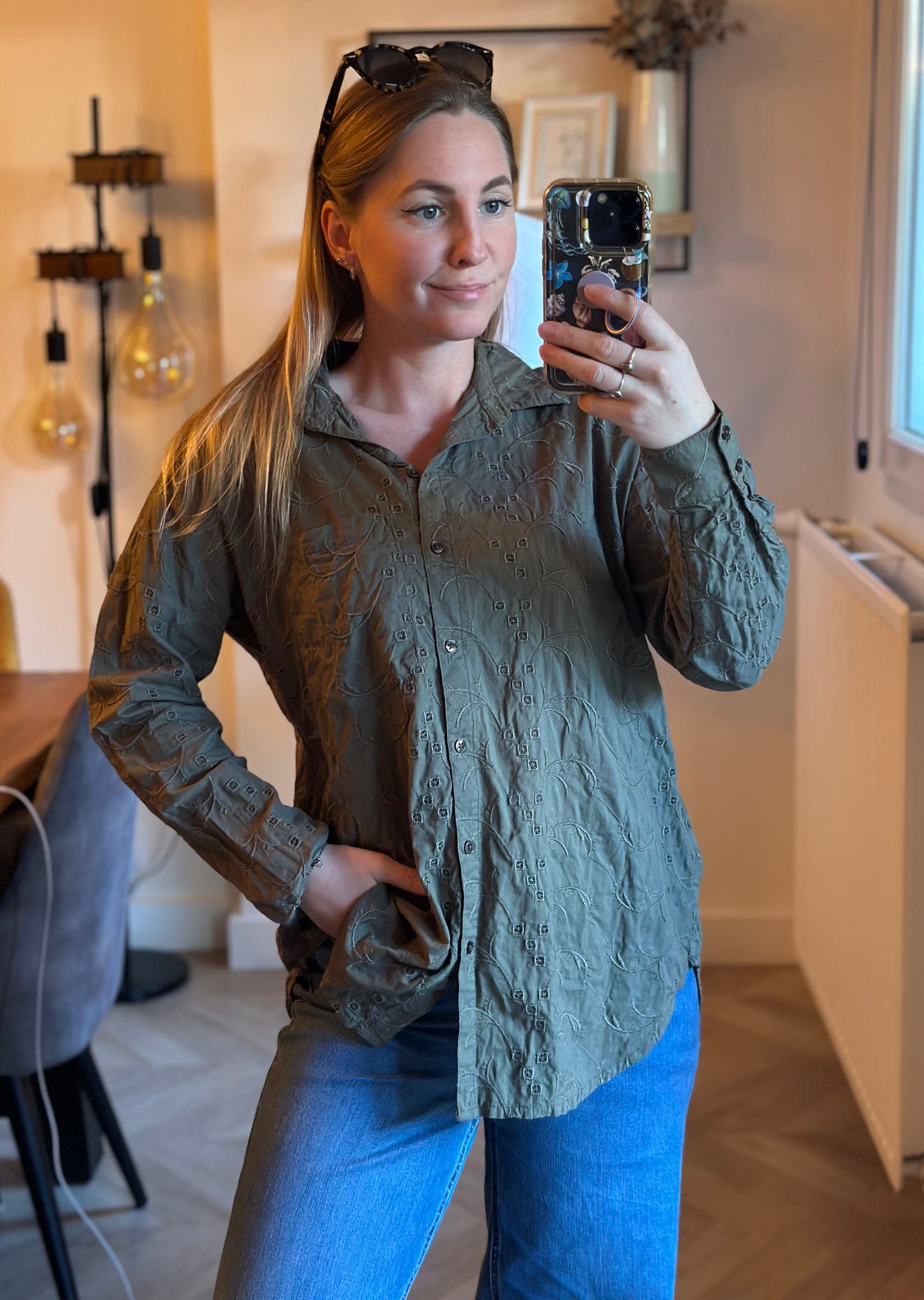 Chemise brodée kaki coton T.36 oversize