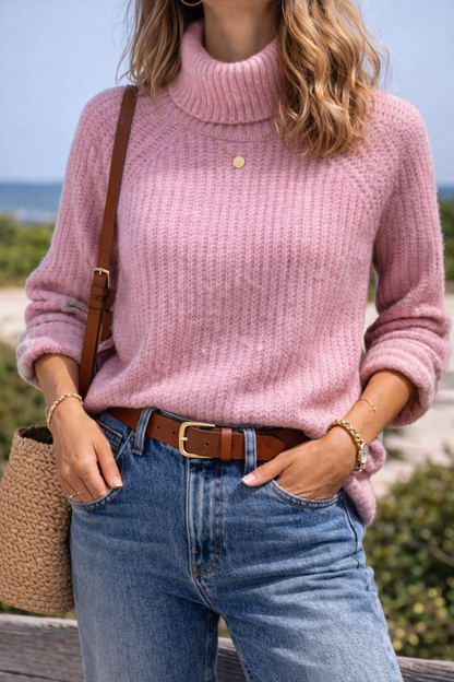 Pull col montant en maille rose avec laine et alpaga T.36