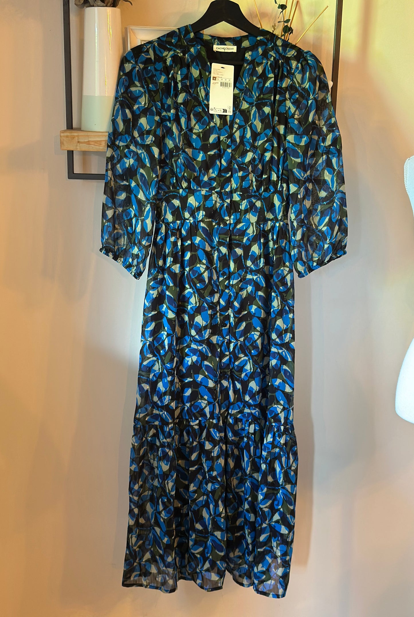 Robe longue imprimé graphique bleu neuve avec étiquette T.34