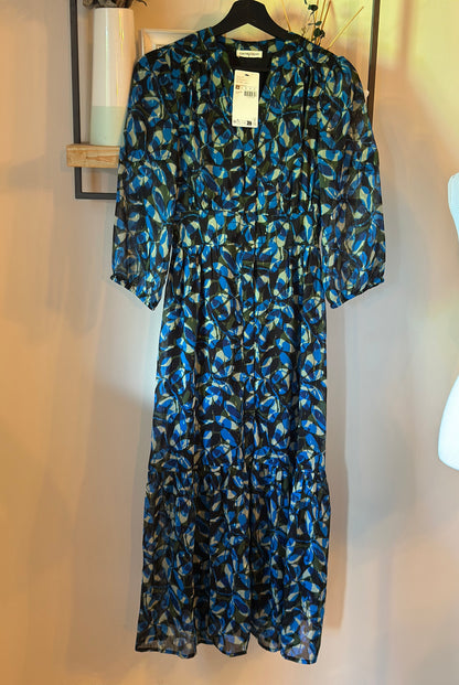 Robe longue imprimé graphique bleu neuve avec étiquette T.34