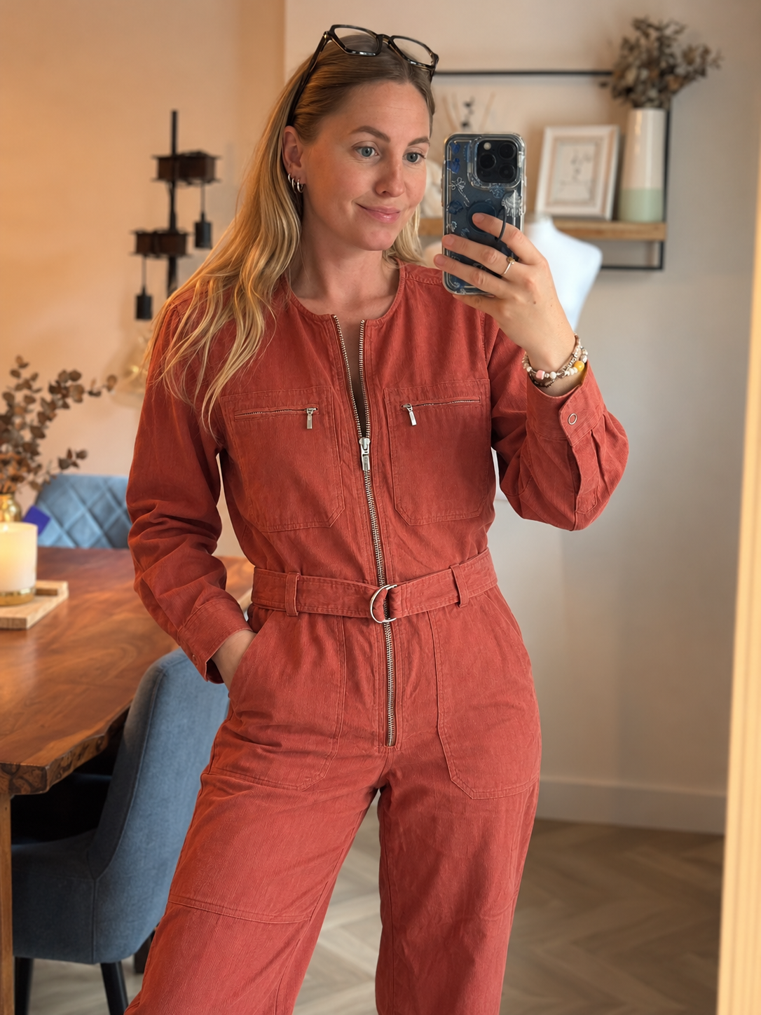 Combinaison pantalon en velours rose terracotta corail Neuf T.36