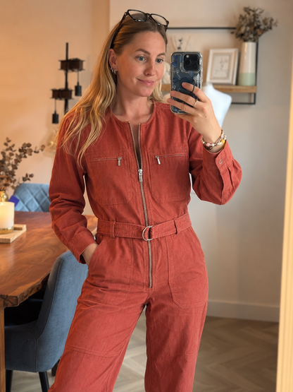 Combinaison pantalon en velours rose terracotta corail Neuf T.36