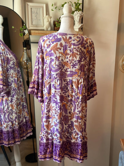 Robe fluide bohème imprimé floral violet/orangé T.U
