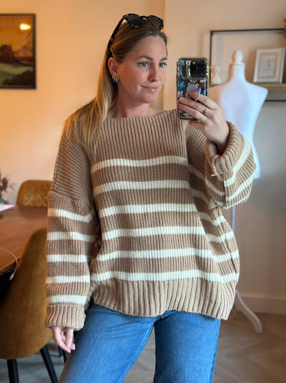 Pull marinière oversize beige rayé blanc T.U (42 au 48)