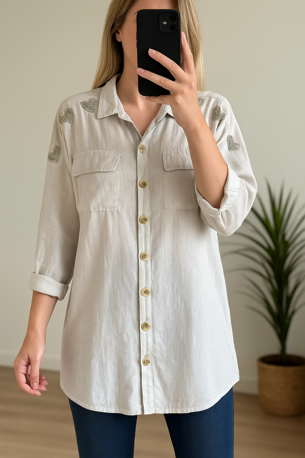Chemise tunique blanche en lin – Cœurs argentés T.U
