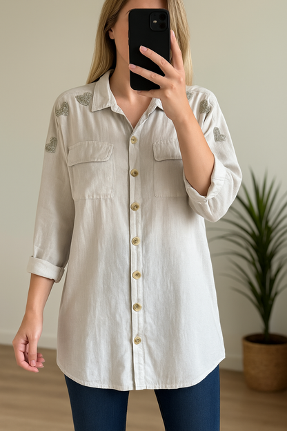 Chemise tunique blanche en lin – Cœurs argentés T.U