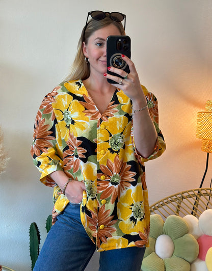 Chemise jaune imprimée fleurs, modèle vintage, T.U