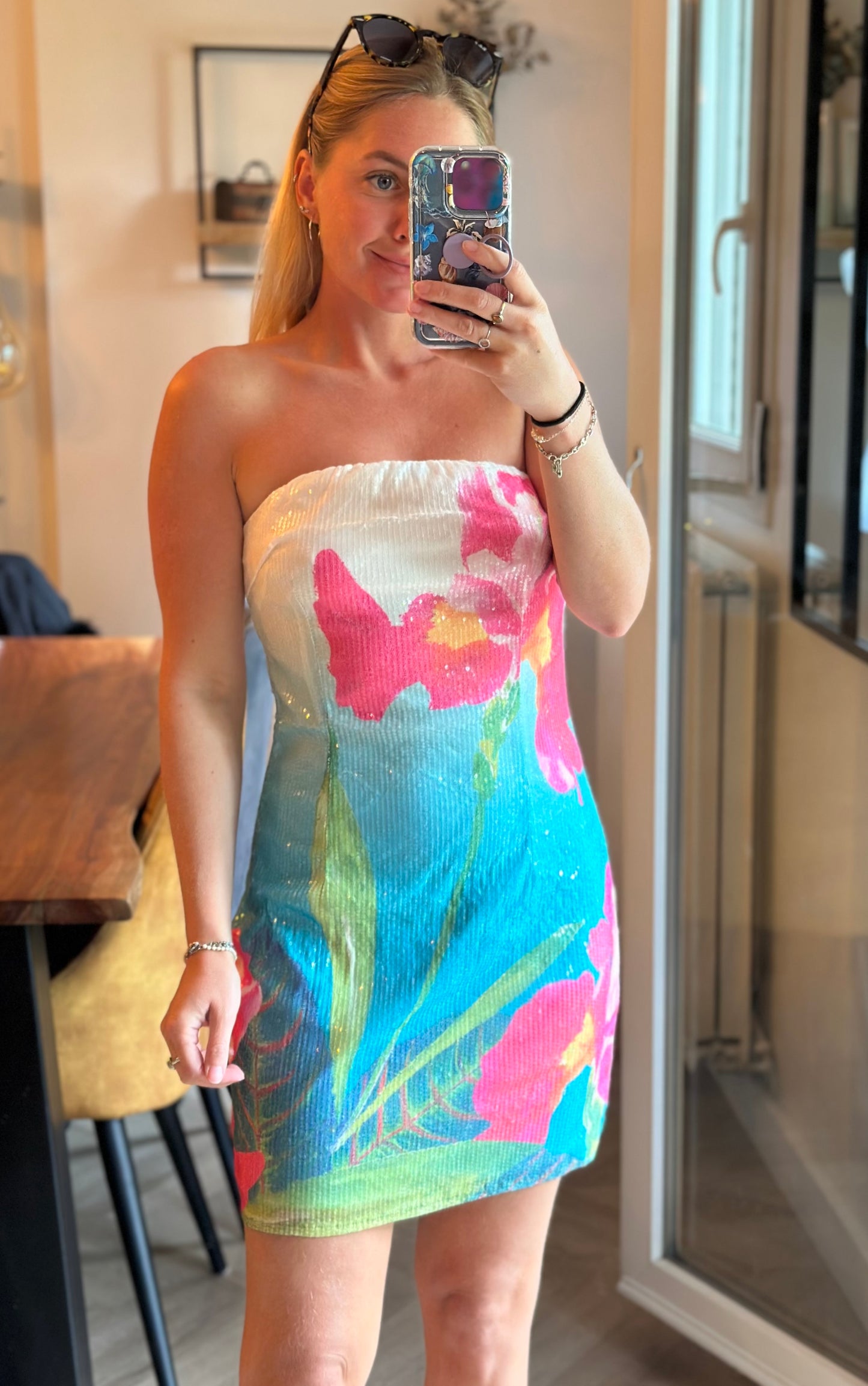 Robe bustier à sequins florale T.36