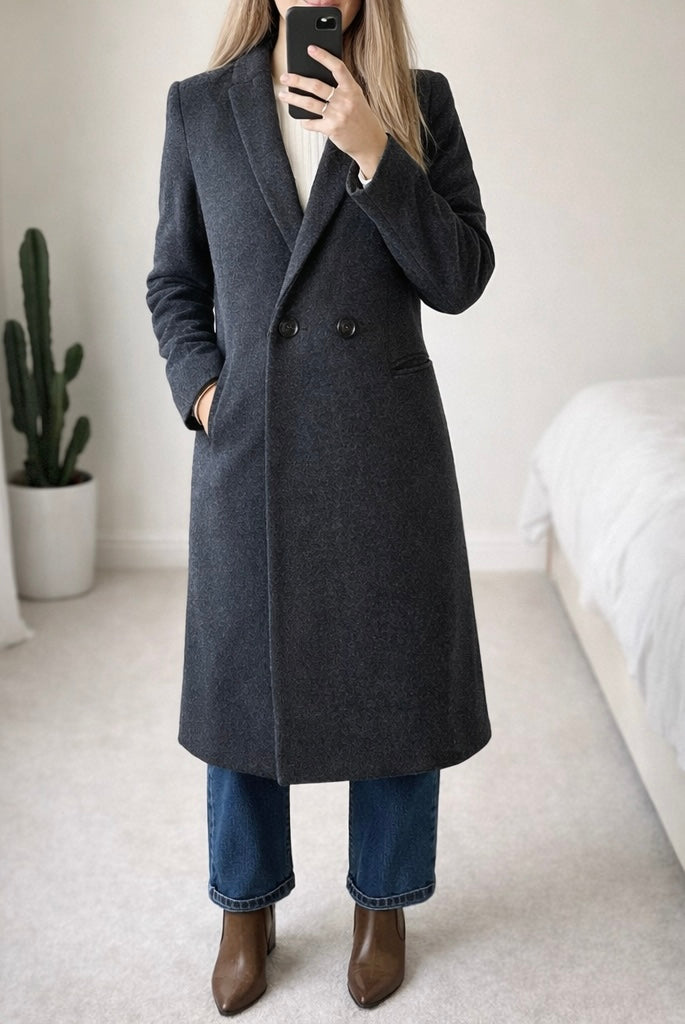 Manteau long croisé gris anthracite en laine T.34