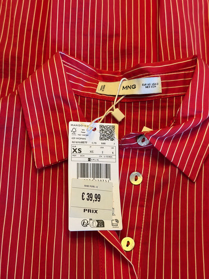 Robe chemise rayée rouge coton lyocell T.34 neuf avec étiquette