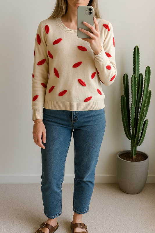 Pull en laine ivoire à motifs lèvres rouges T.34