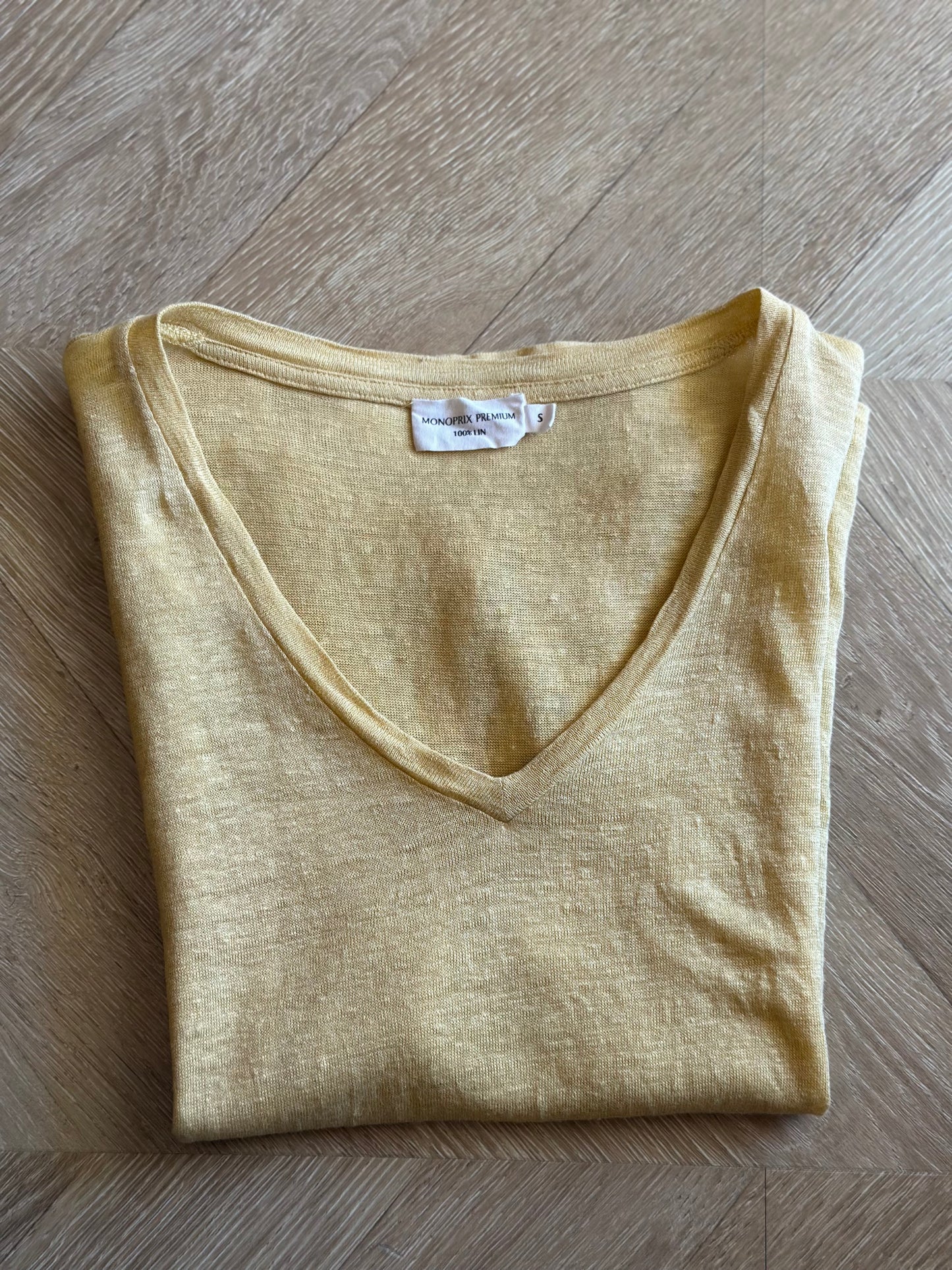 T-shirt lin jaune col V 100% lin T.36
