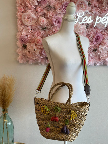 Sac panier de plage avec pompons colorés fruits brodés, anse ajustable