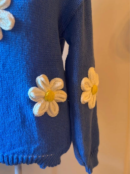 Pull oversize à fleurs en relief bleu T.36/38 neuf