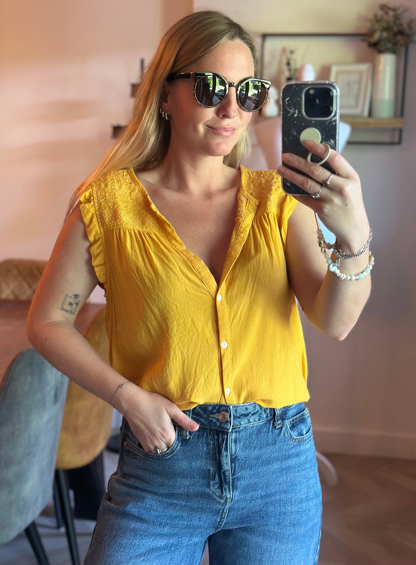Blouse jaune moutarde T38 en viscose et lin