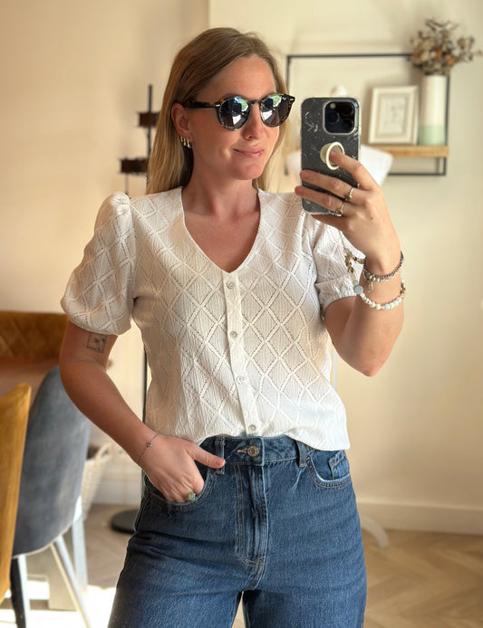 Blouse blanche texturée motif losanges T.36
