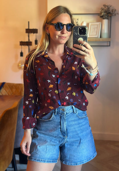Chemise à motifs  imprimée en soie bordeaux multicolore T.36