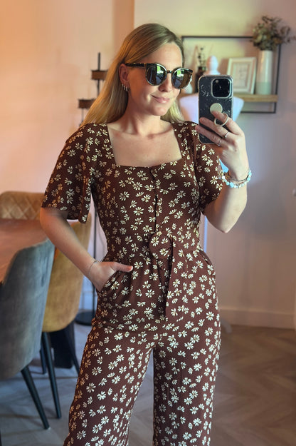 Combinaison pantalon fleurie marron T.34