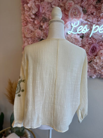 Blouse bohème blanche en gaze de coton, broderie florale verte, T.36