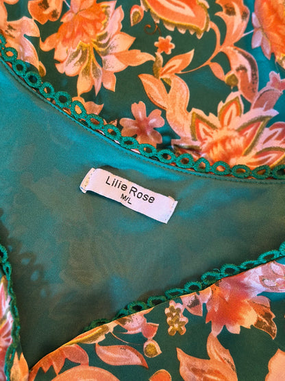Robe fluide fleurie verte & terracotta T.38/40