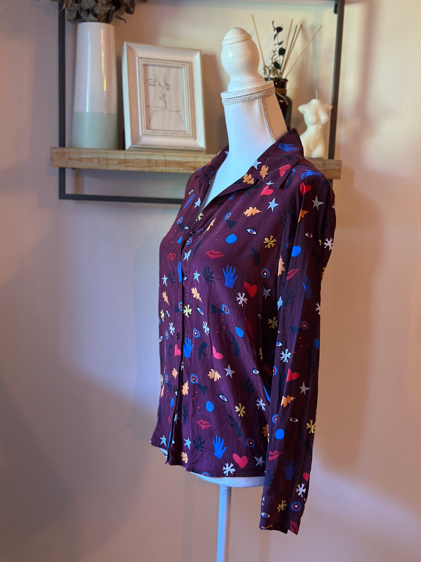 Chemise à motifs  imprimée en soie bordeaux multicolore T.36