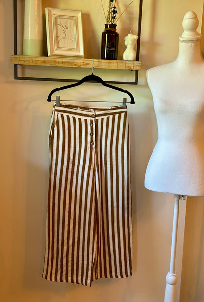 Pantalon large rayé lin coton fluide été beige & marron T.34