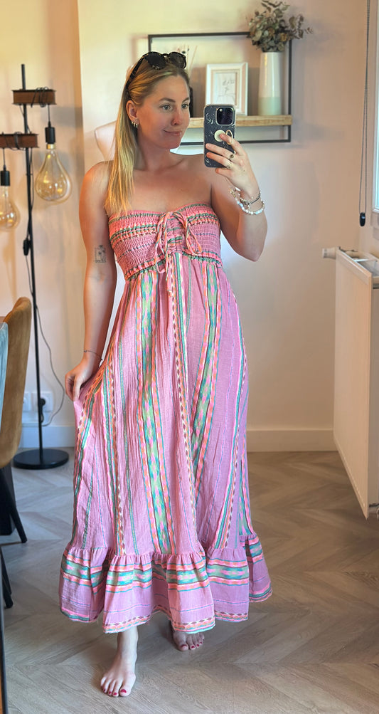 Robe longue bustier rayures multicolores en gaze de coton T.U