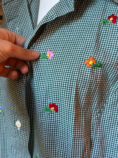 Chemise vintage vichy vert à fleurs brodées – Fabriquée en France T.U