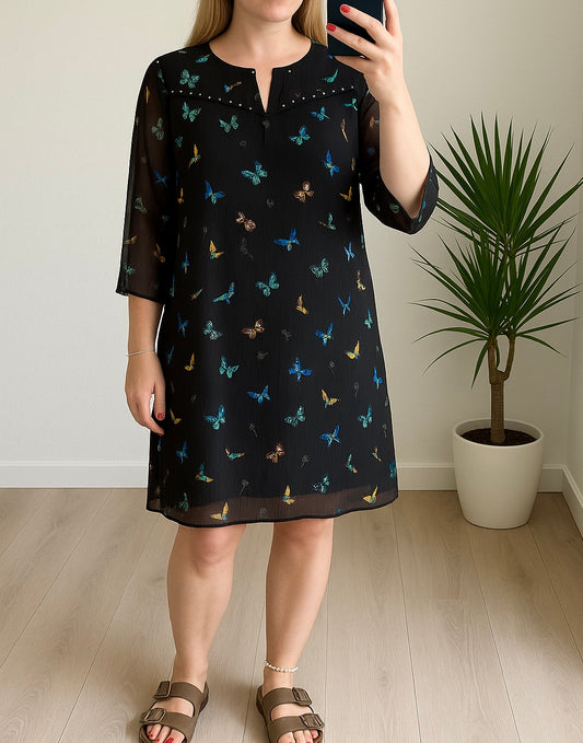 Robe en toile noire motifs papillons oiseaux T.40