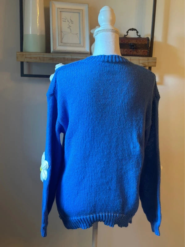 Pull oversize à fleurs en relief bleu T.36/38 neuf