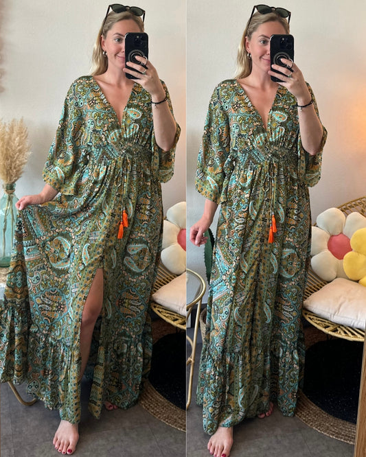 Robe longue bohème verte avec motifs fleuris et paisley, T.U