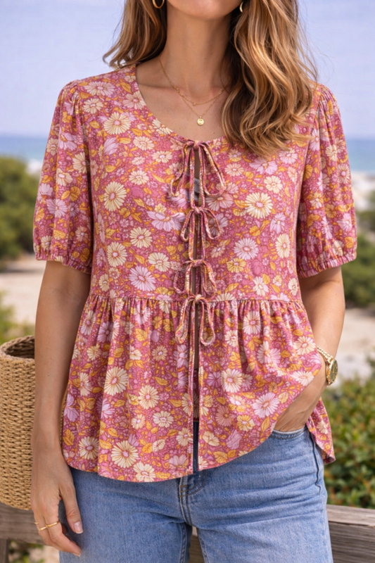 Blouse avec nœud, motifs fleuris rose orange, T.36/38