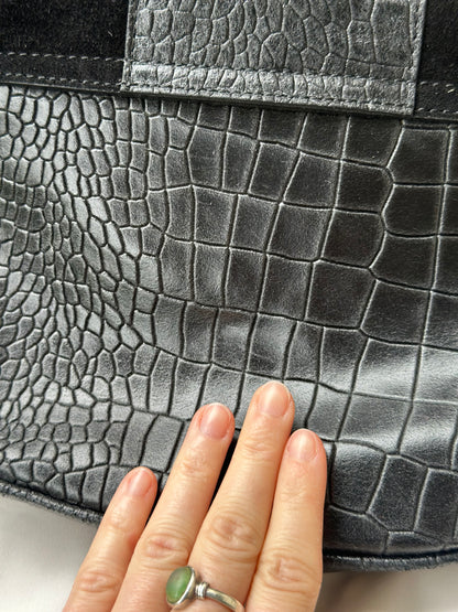 Sac bandoulière cuir et daim effet croco noir – fabriqué en Italie