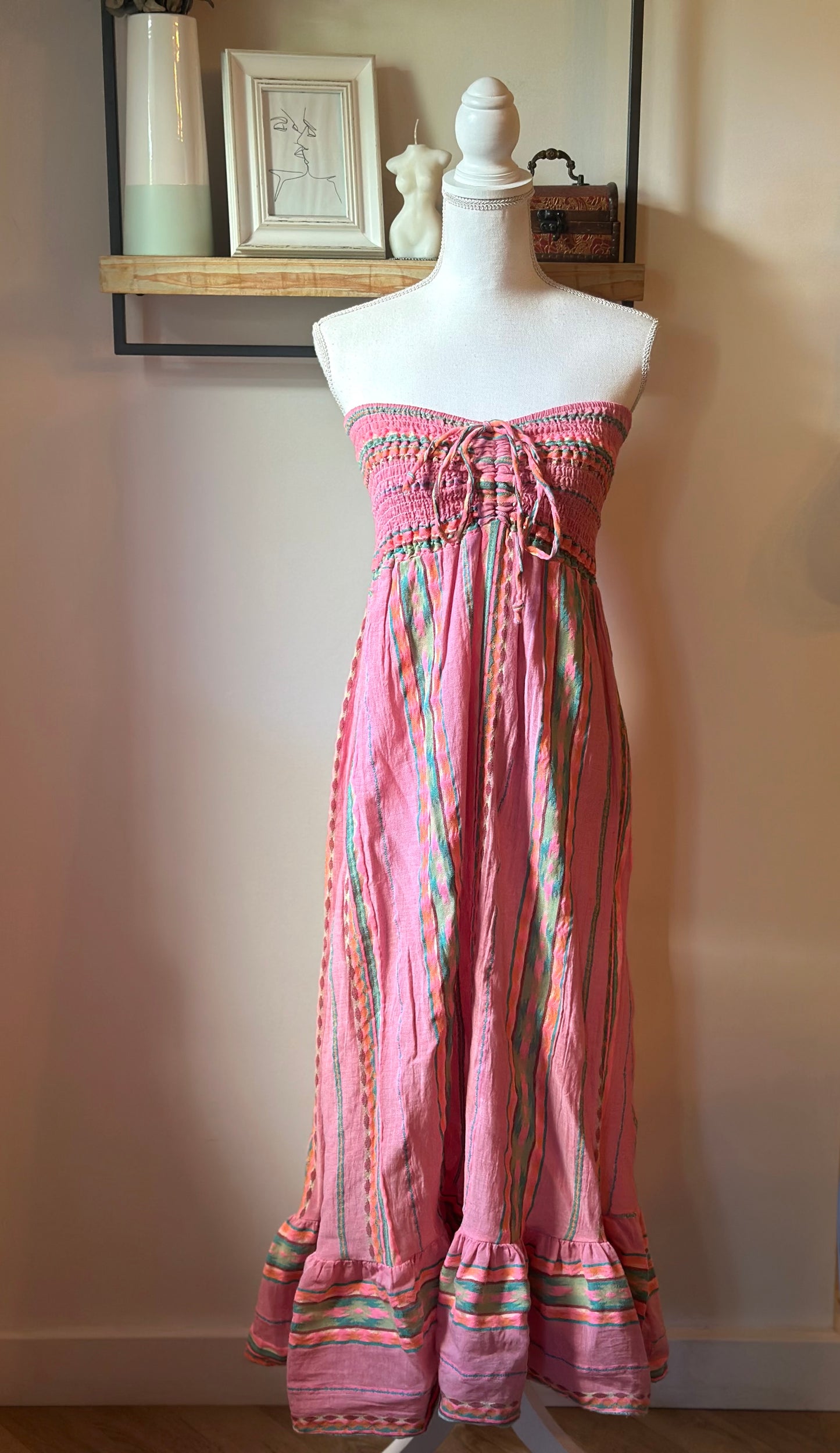 Robe longue bustier rayures multicolores en gaze de coton T.U