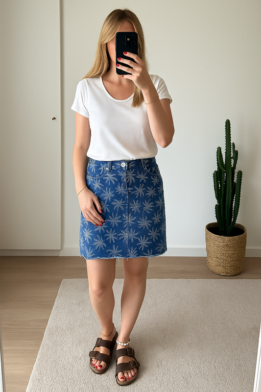 Jupe en jean bleu avec imprimé feuilles blanches style palmiers T.40