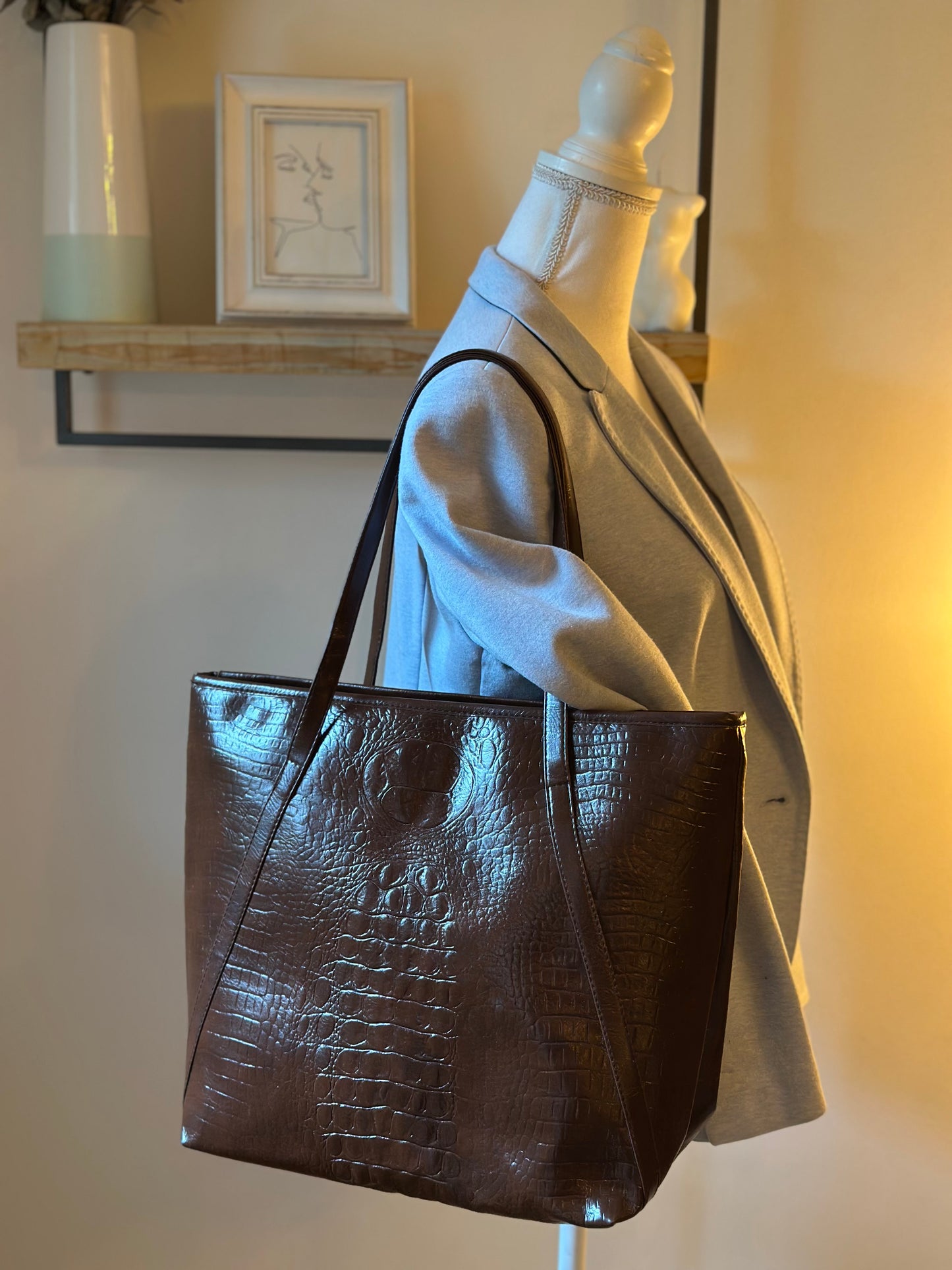 Grand sac cabas effet croco marron